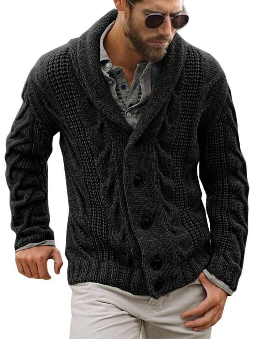 🆕Men's Dark Black Chunky Cable Knit Cardigan Sweater Shawl Collar Button Down